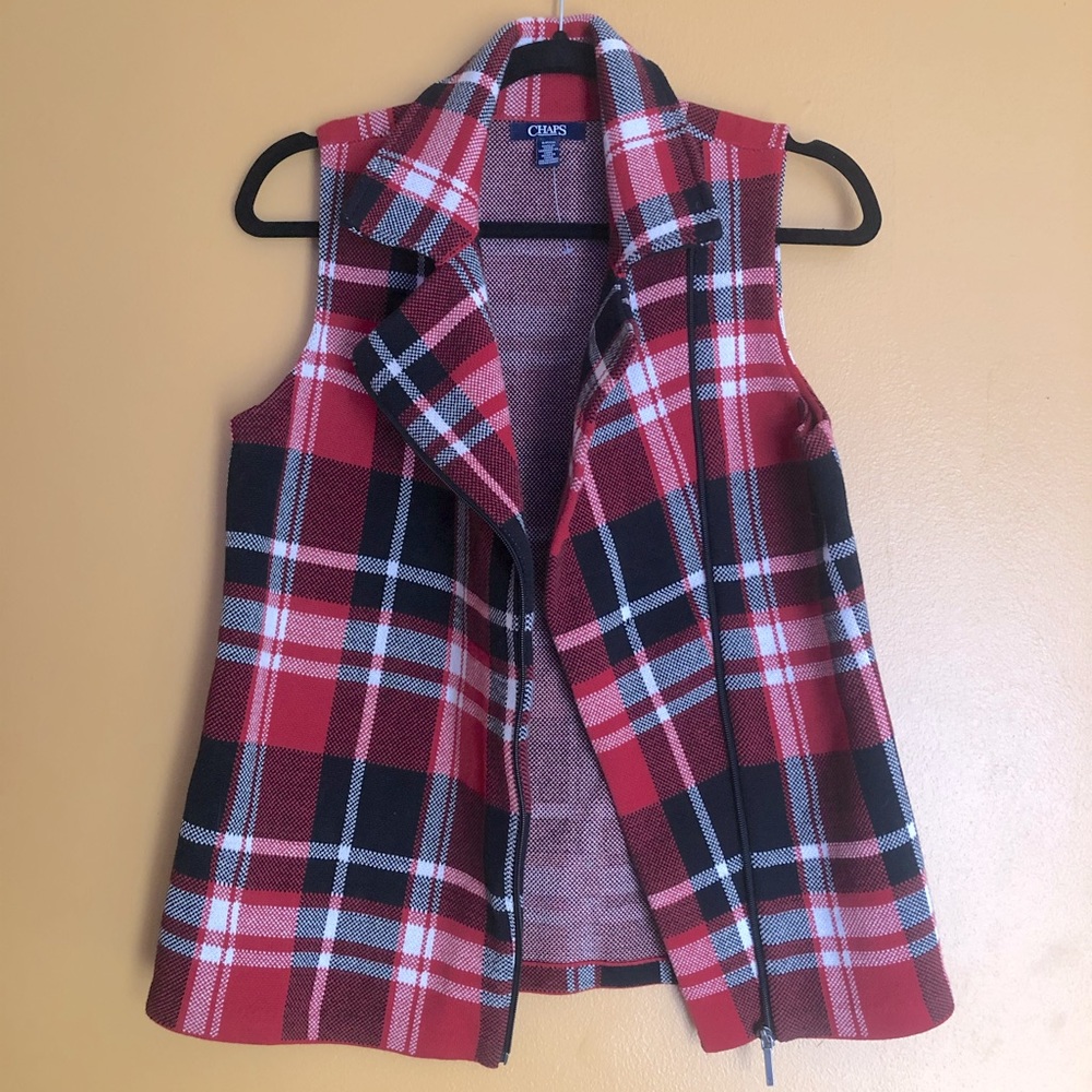 Red/Black/White Plaid Vest, Asymmetrical Zipper